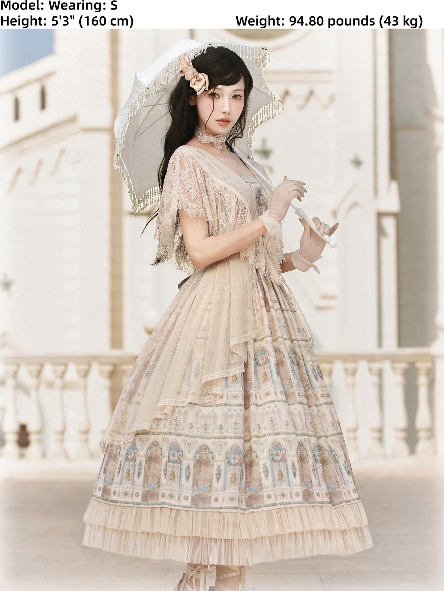 Reims Cathedral - Printed Classic Lolita Dress, Detachable Gauze Outlayer 44701:819224