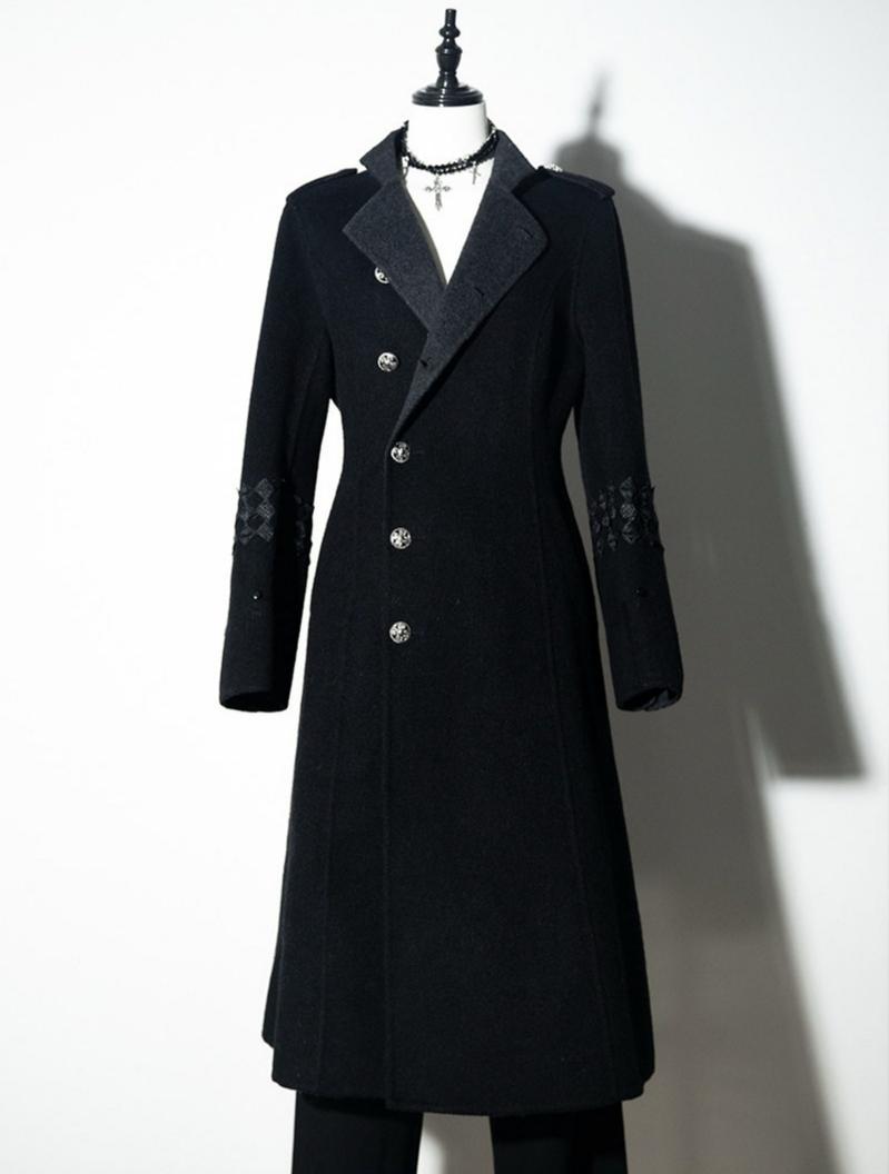 Cain and Lilith - Wool Gothic Lolita Long Coat, Cross Details Lilith Coat Only (with faux-fur cuffs) S