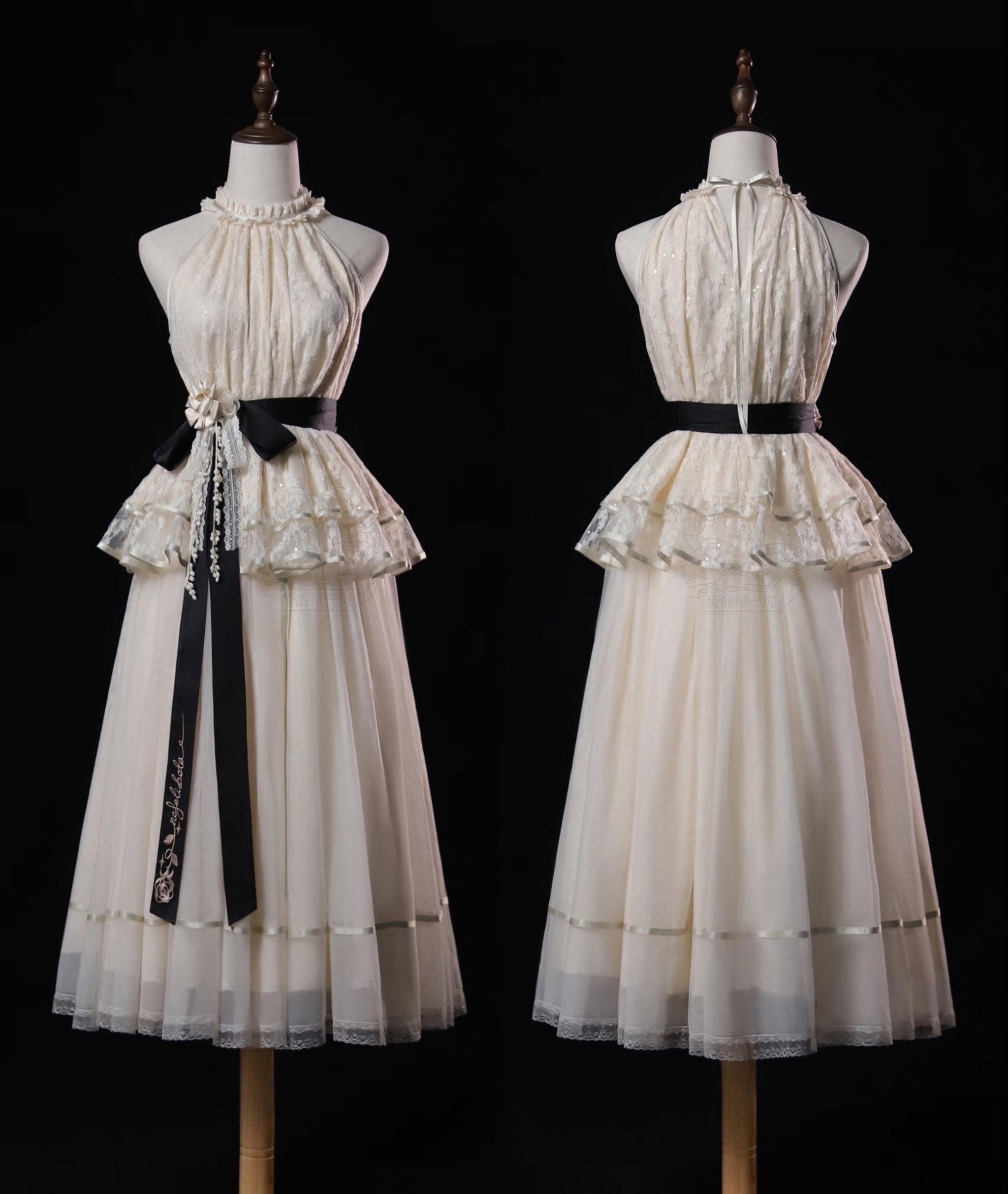 Moonlight Ode - Classic Lolita Lace Halter-neck Blouse & Tulle Skirt Set