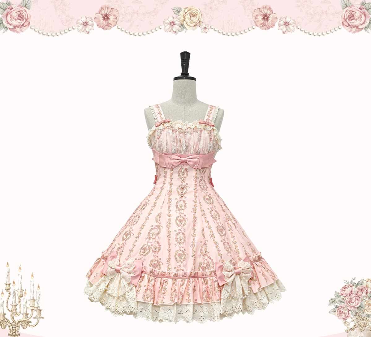 Whispers of Blossoms & Candlelight - Sweet Lolita Floral Printed JSK Dress with Bows (L M S XL) 45631:856598