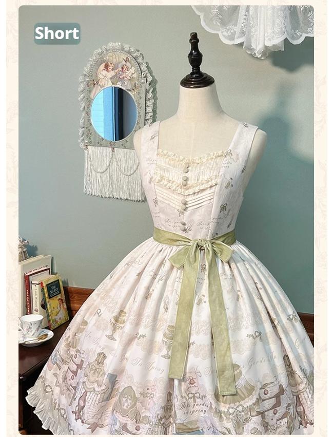 Alice Girl~Iris Study Room~Classic Lolita JSK Elegant Lolita Dress With V-neck XS Beige JSK only (short) 