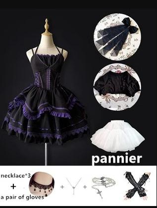 (BFM)Motadalu~Seine River~Gothic Lolita Dress Halloween Lolita JSK S black JSK+trailing+black bolero+pannier+necklace+gloves 
