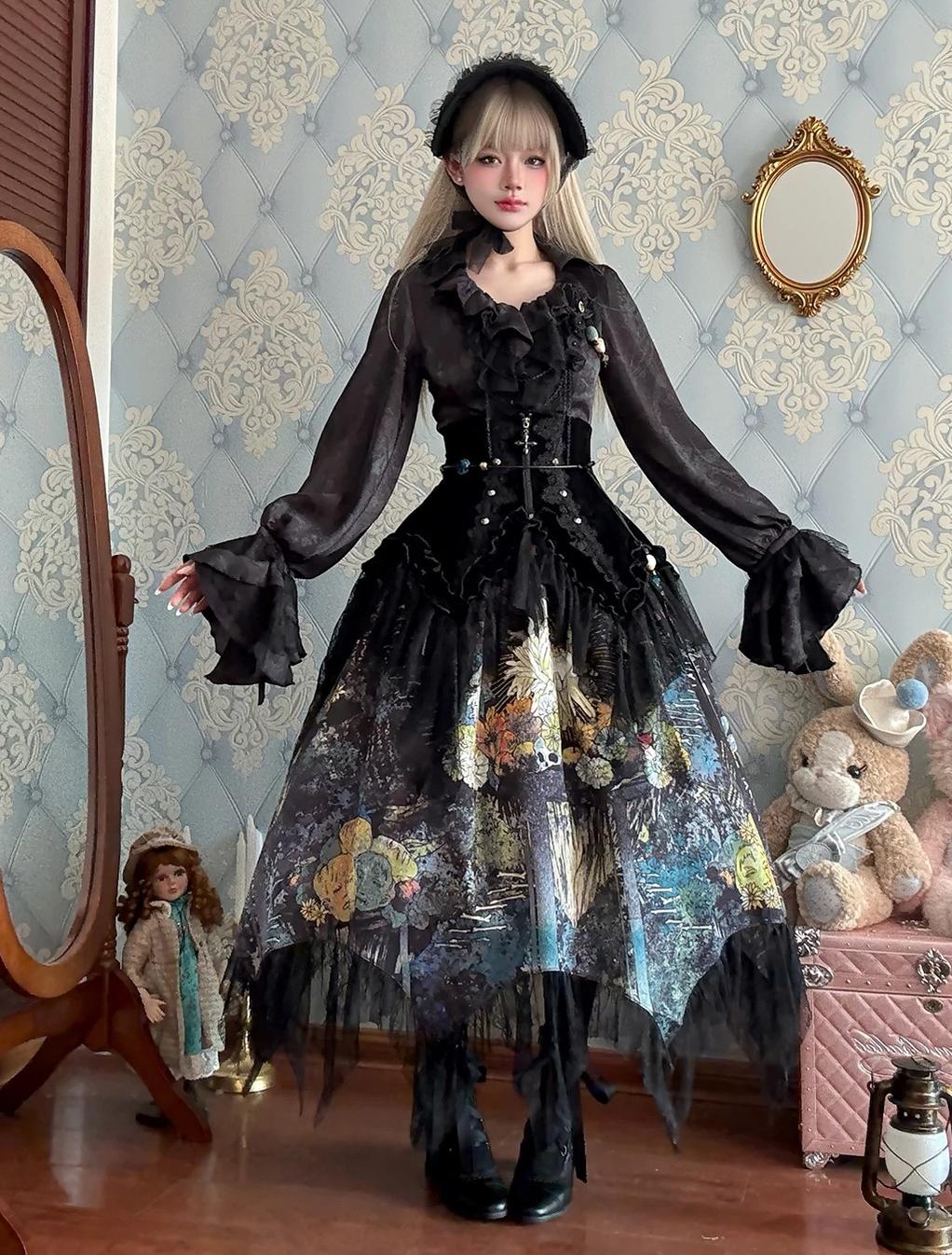 Bone Garden - Black Gothic Lolita Corset, Irregular Lace Hem 46040:873127