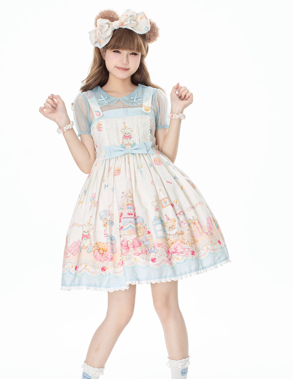 GD Lolita~Cake House~Sweet Lolita Bear Print Blue Dress Set   