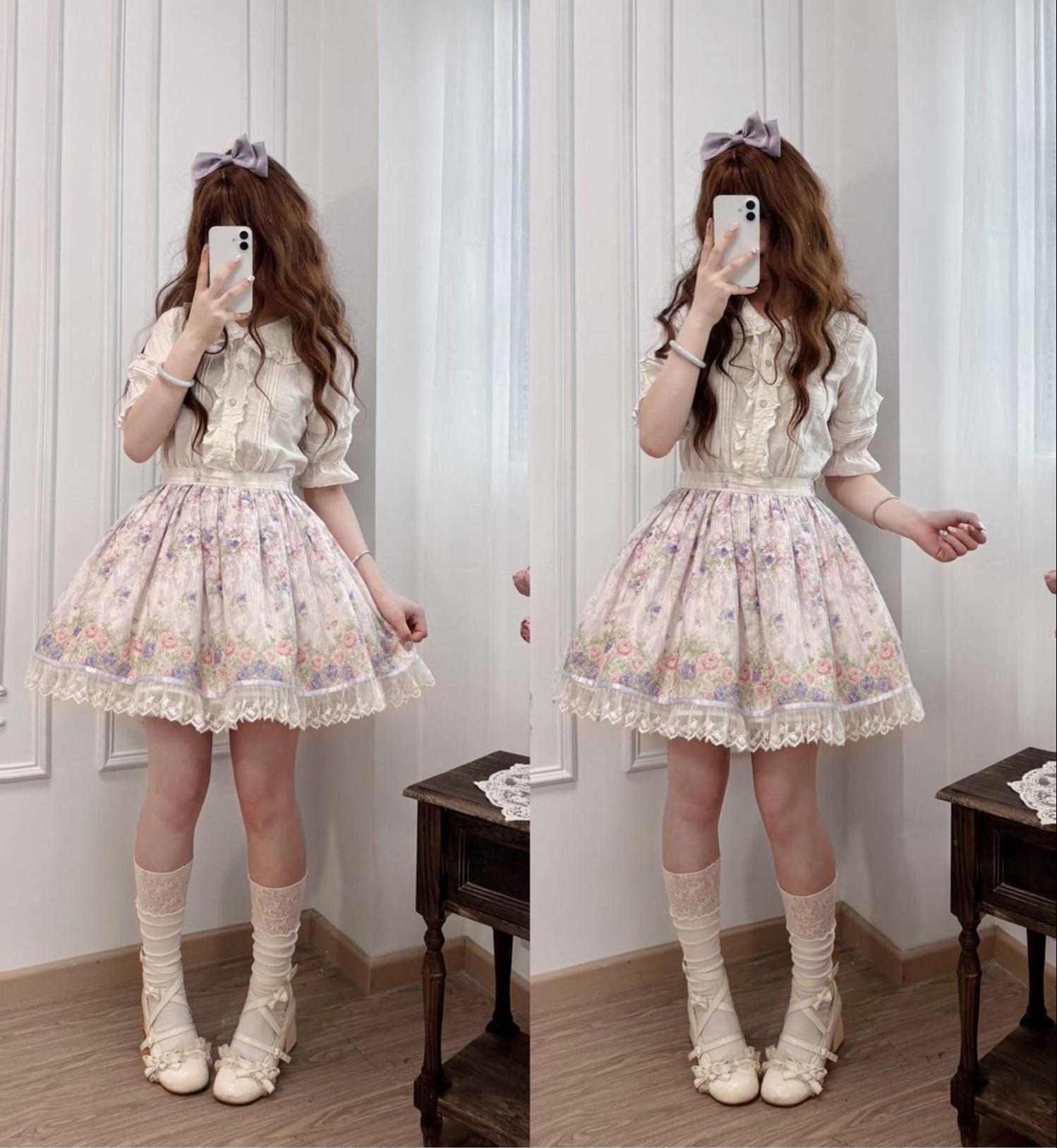 Yuri's Garden - Classic Floral Printed Lolita Dress with Lace 45541:852354