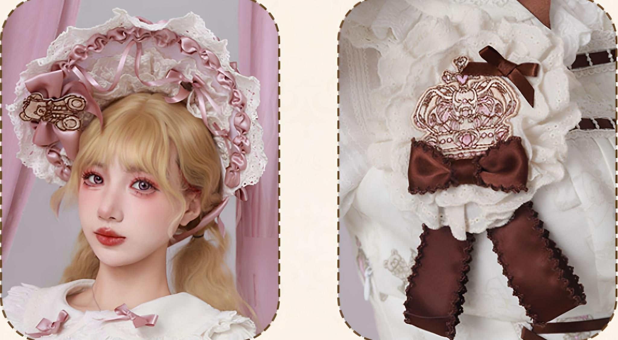 Antique Teddy Bear - Classic Lolita Printed JSK Dress with Ribbon Bows 45538:853310