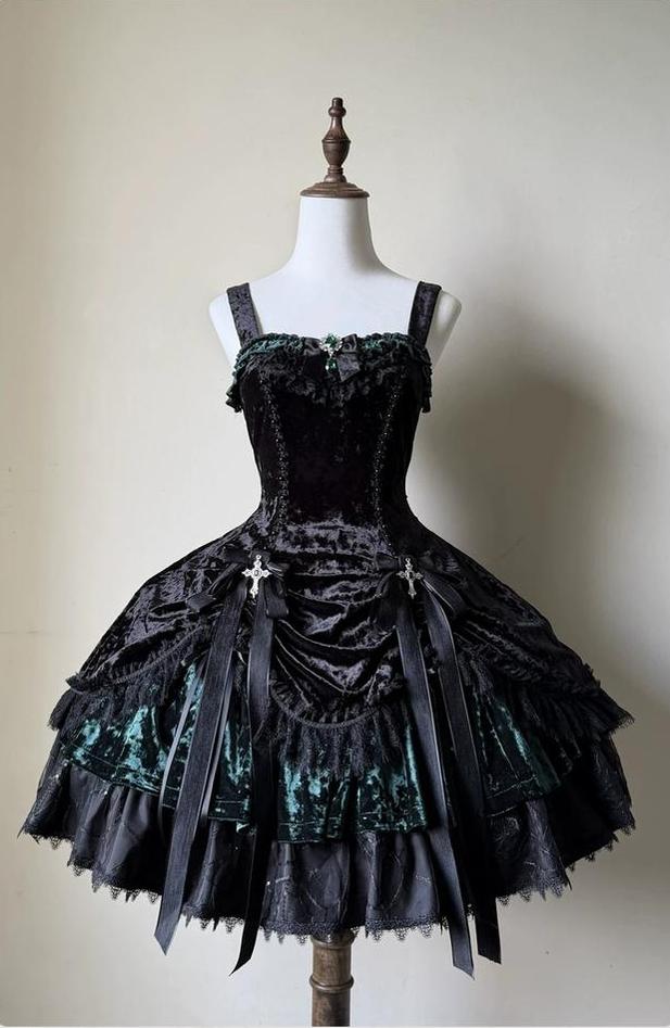 Dark Raven Poem - Gothic Lolita JSK & Bolero Dress Set, Diamond Velvet (Green / L M S XL) 45967:869851