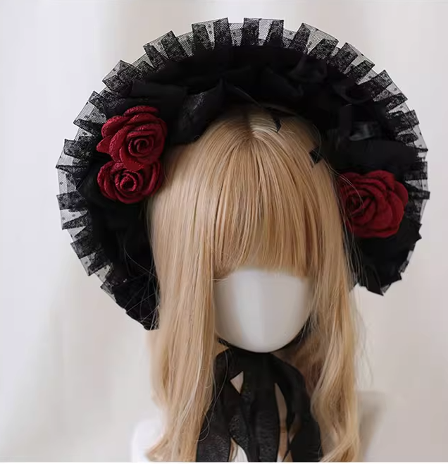 Xiaogui - Gothic Lolita Black Lace Flowers Bonnet One Size bonnet (black + red flower clips)