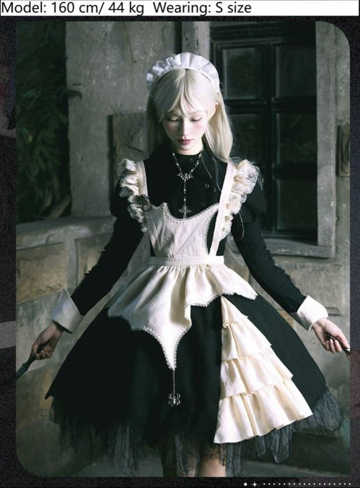 Sakurahime~Spider Dream~Gothic Lolita OP Dress Maid Lolita Built-in Fishbone Detachable Apron