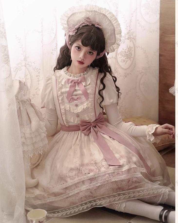 Half Sweet Lolita~Doll Garden~Sweet Lolita JSK Dress Cat Print Pink Dress Set 34862:468324