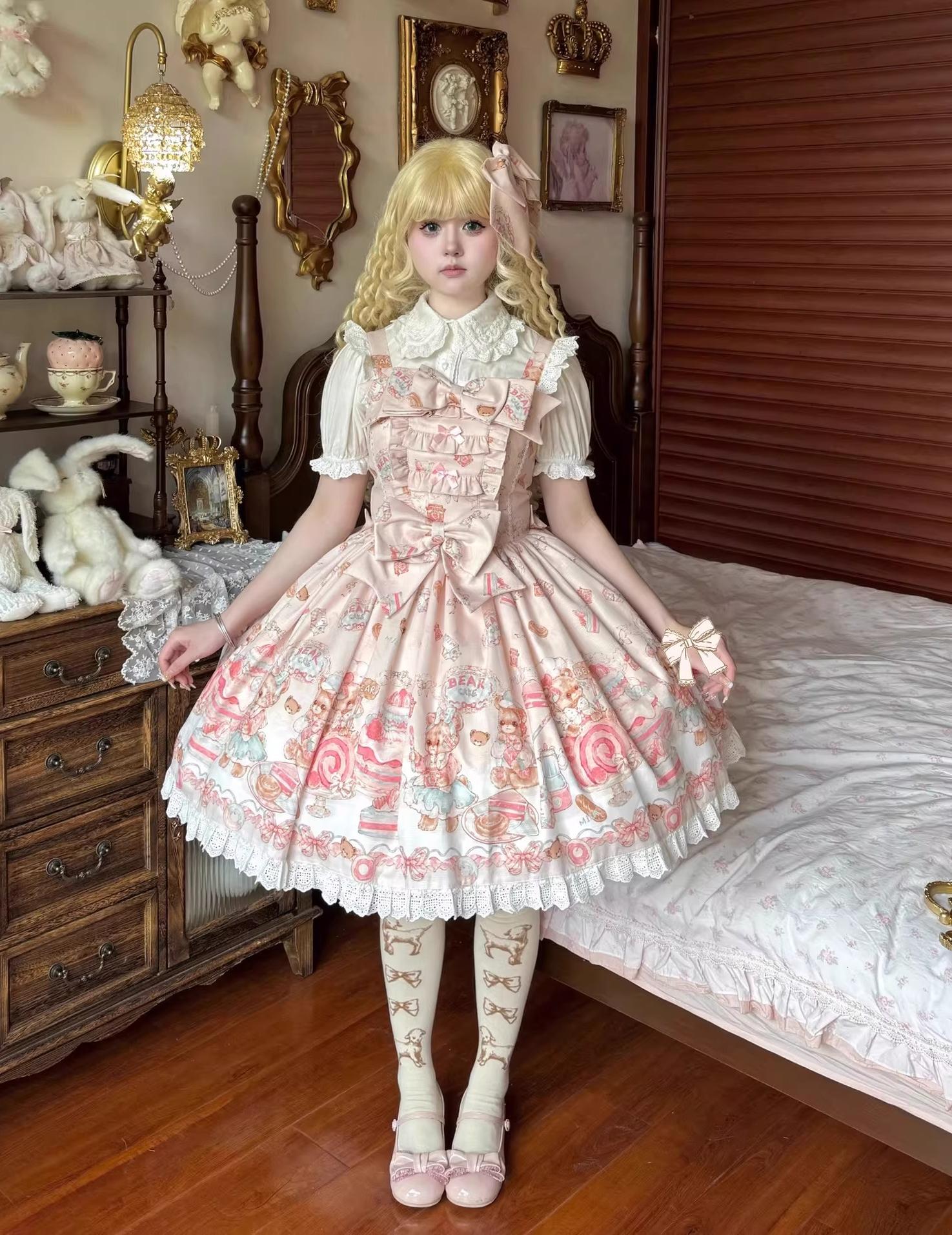 Strawberry Dessert Bear - Kawaii Lolita JSK, Bear and Dessert Print Pink JSK Only S