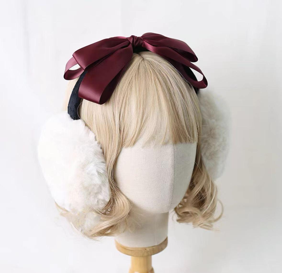 Xiaogui - Winter Lolita Earmuff Bow Plush Earmuff Ear Protector Wine Red
