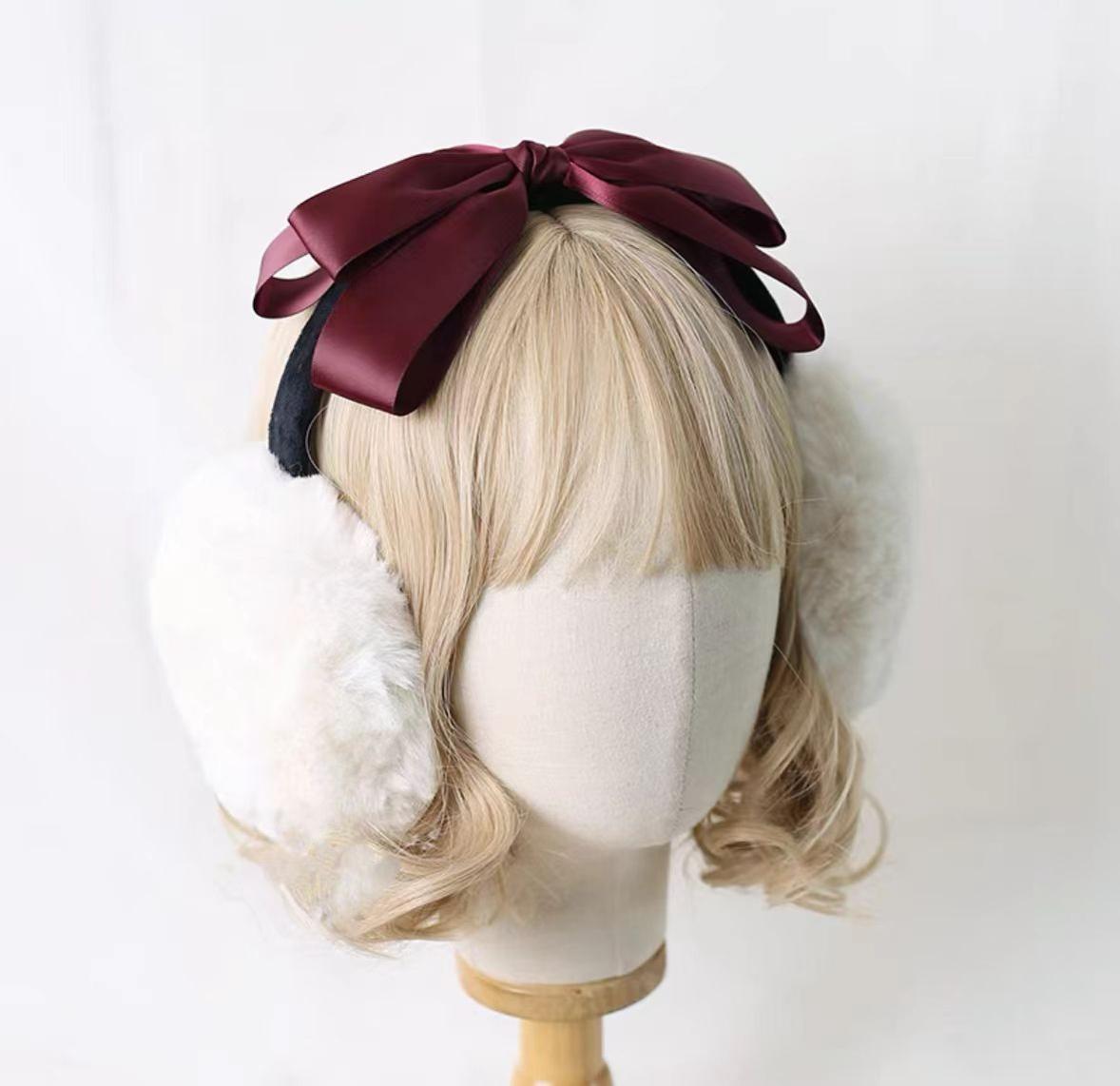 Xiaogui~Winter Lolita Earmuff Bow Plush Earmuff Ear Protector Wine Red  