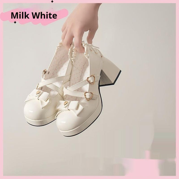 Milk Bun Bunny~Sweet Lolita High Heel Bow Princess Lolita Shoes White 34