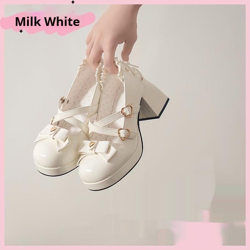 Milk Bun Bunny - Sweet Lolita High Heel Bow Princess Lolita Shoes White 34