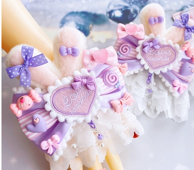 (Buy for me)Sweetheart Endless~Sweet Lolita Lace Rabbit Ears Cuffs Multicolor a pair of big rabbit ears and heart purple-pink cuffs  