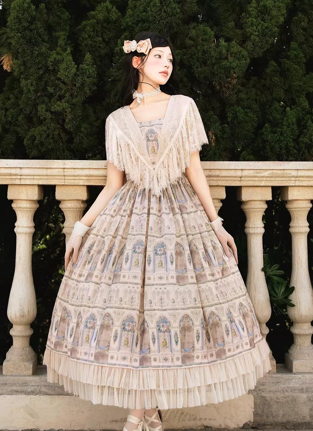 Reims Cathedral - Printed Classic Lolita Dress, Detachable Gauze Outlayer 44701:819222