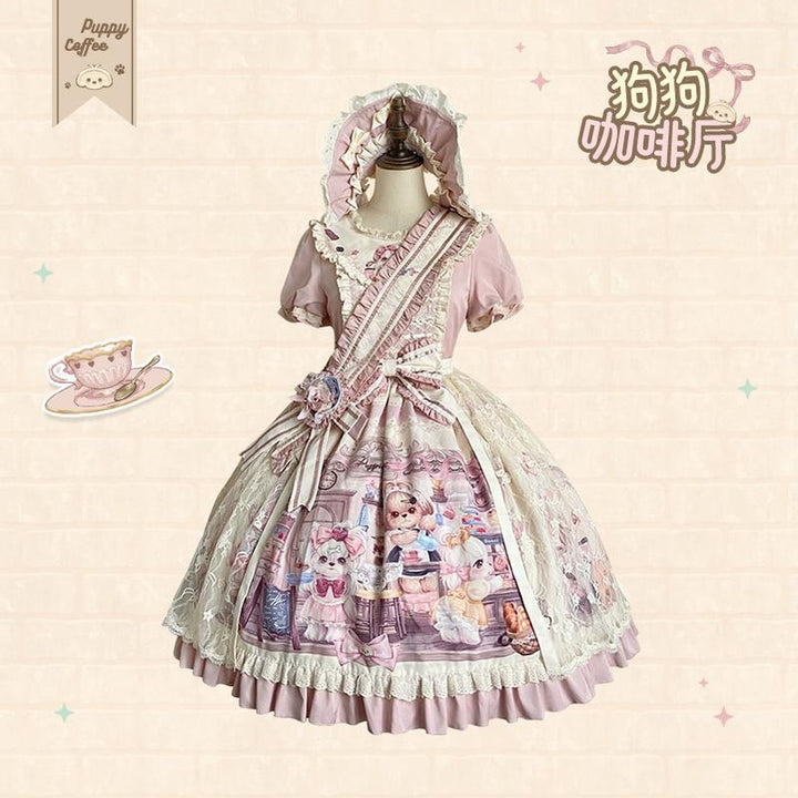 Spireme Cat~Puppy Cafe~Sweet Lolita OP Dress with Lace Skirt Overlay and Accessory (L M S XL) 42408:739403