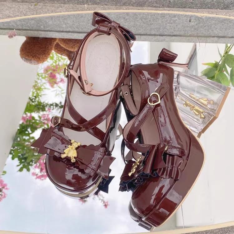 Meng Ka Jiang - Dreamy Bear - Sweet Lolita Shoes, Transparent Heel With Embedded Bear Brown 34