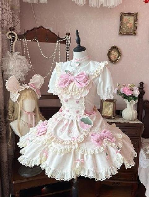 Salty Cream - Strawberry Polka Dot - Sweet Lolita JSK Dress Suit, Detachable Apron (L M S XL XS) 43897:789461