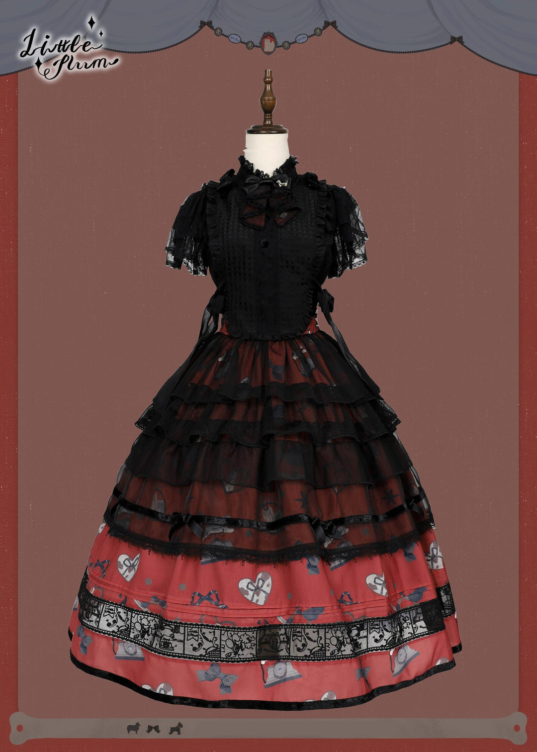 LittlePlum~Telephone Dog~Black Red Classic Lolita Dress Set with OP JSK and Skirt (F L M S) 42068:725561