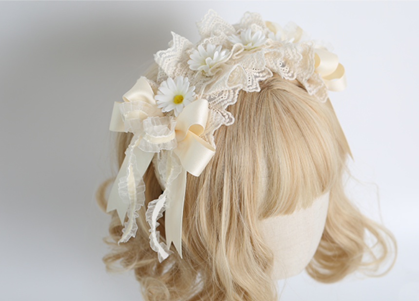Xiaogui~Sweet Lolita Ivory Lace bow Hair Accessories No.7 Daisy KC with teeth  