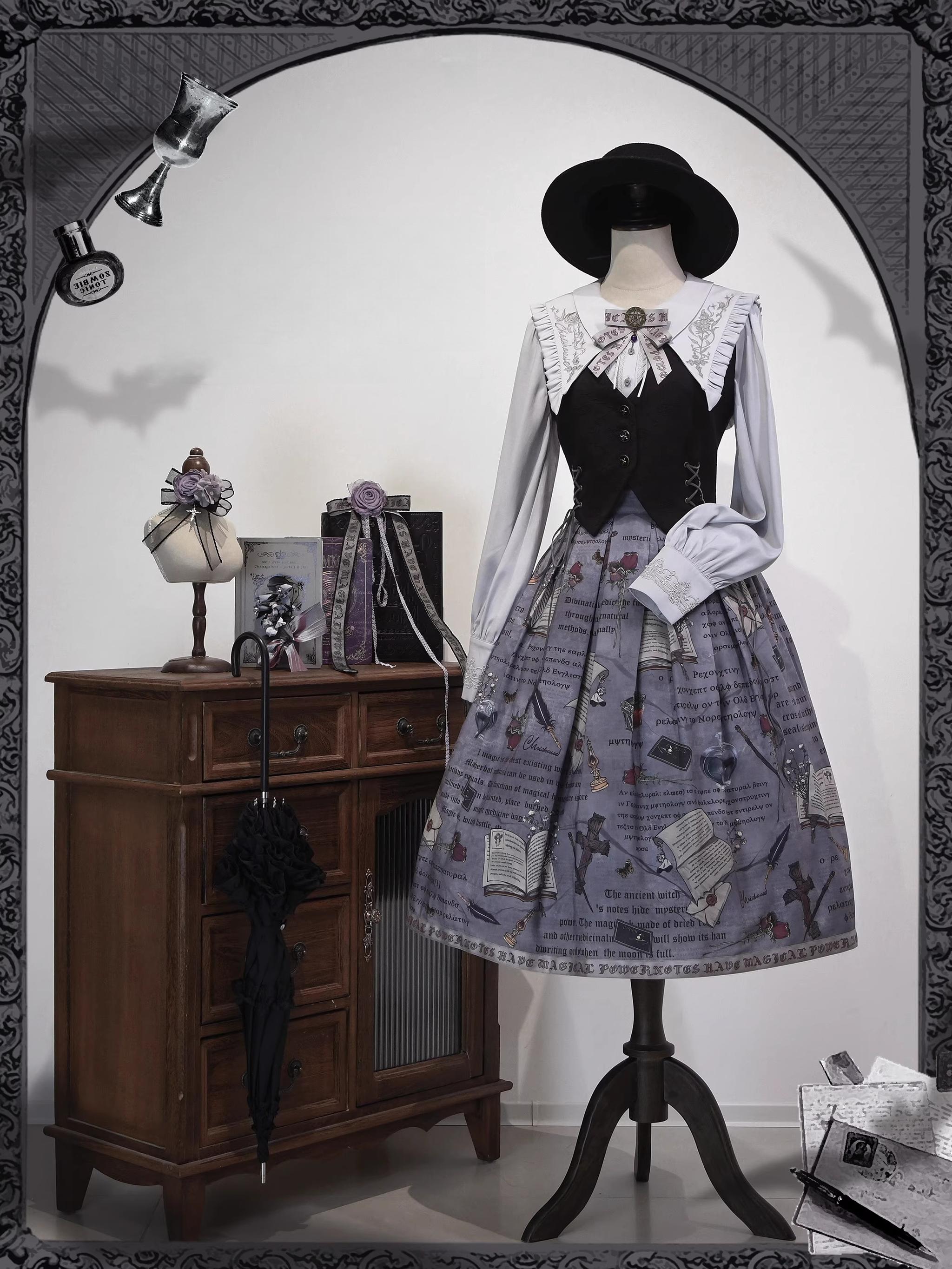 Chris House Lolita - Witch Notes - Gothic Loliat Embroidered Dress Suit, Cross and Rose Print 44096:795291