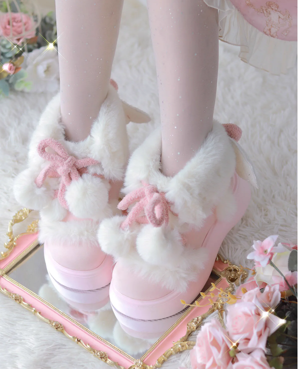 Sheep Puff - Fluffy Qubi - Winter Lolita Shoes Sweet Warm Snow Boots with Plush pink 35