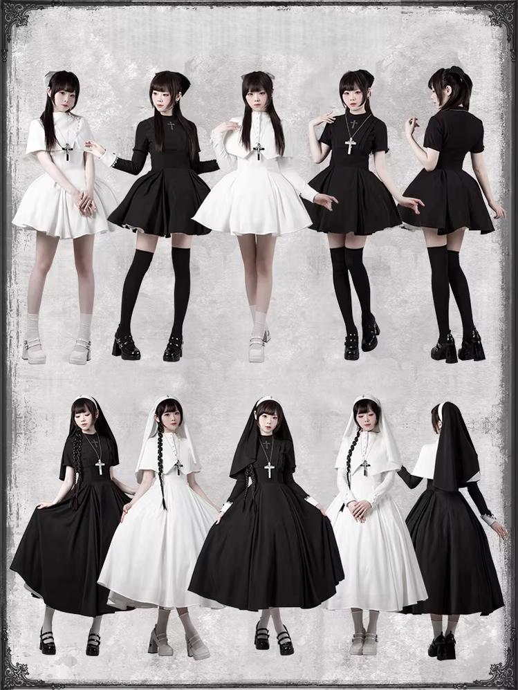 Nihil - Gothic Nun Lolita OP Dress, Irregular Hem Cape 44717:820418