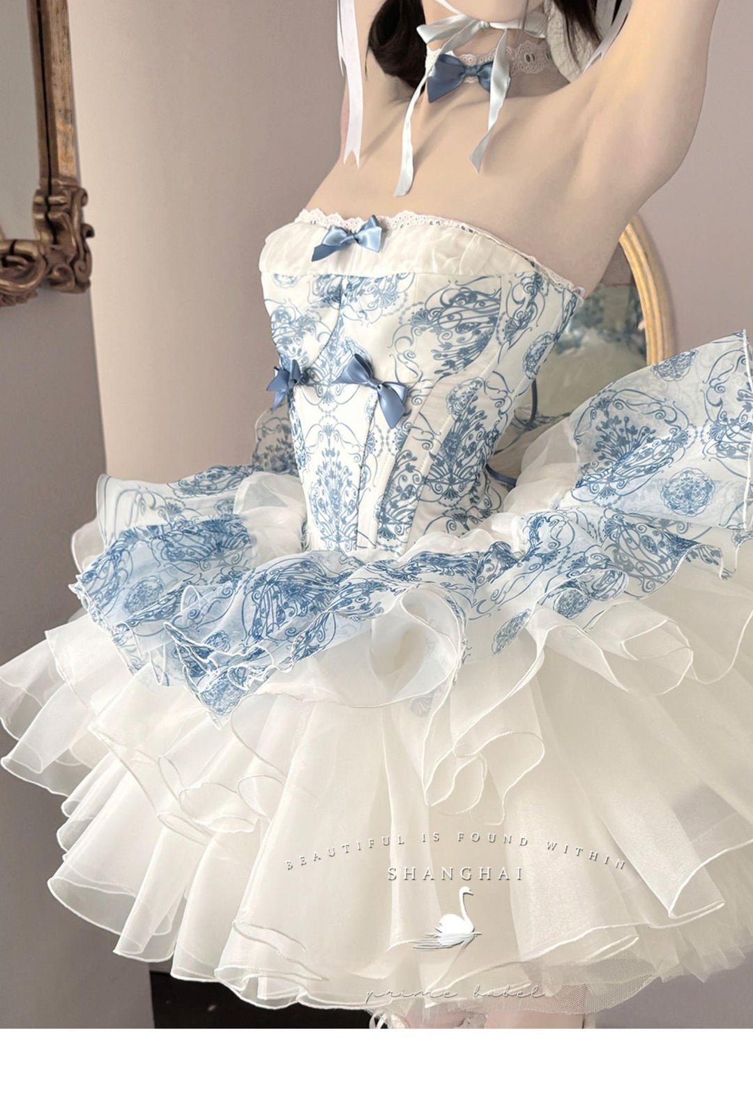 POSHEPOSE~Blue and White Porcelain~Princess Lolita Cake Skirt JSK Dress Plush Cape