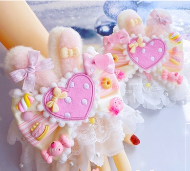 (Buy for me)Sweetheart Endless~Sweet Lolita Lace Rabbit Ears Cuffs Multicolor a pair of big rabbit ears and heart yellow-pink cuffs  
