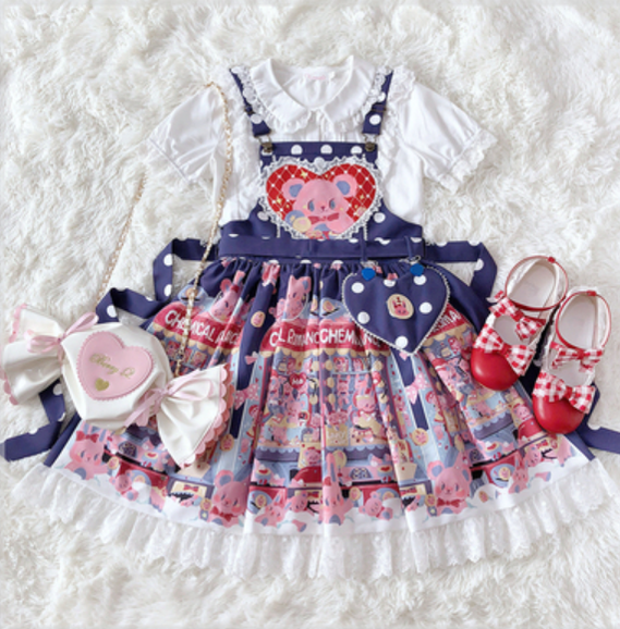 Chemical Romance~Sweetheart Doll Machine~Sweet Lolita Printed Salopette S with lace cyanotic