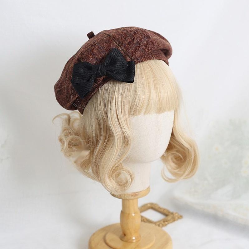 Xiaogui~Japanese Sweet Lolita Beret Winter Daily Plaid Hat M Caramel Beret with Black Bow