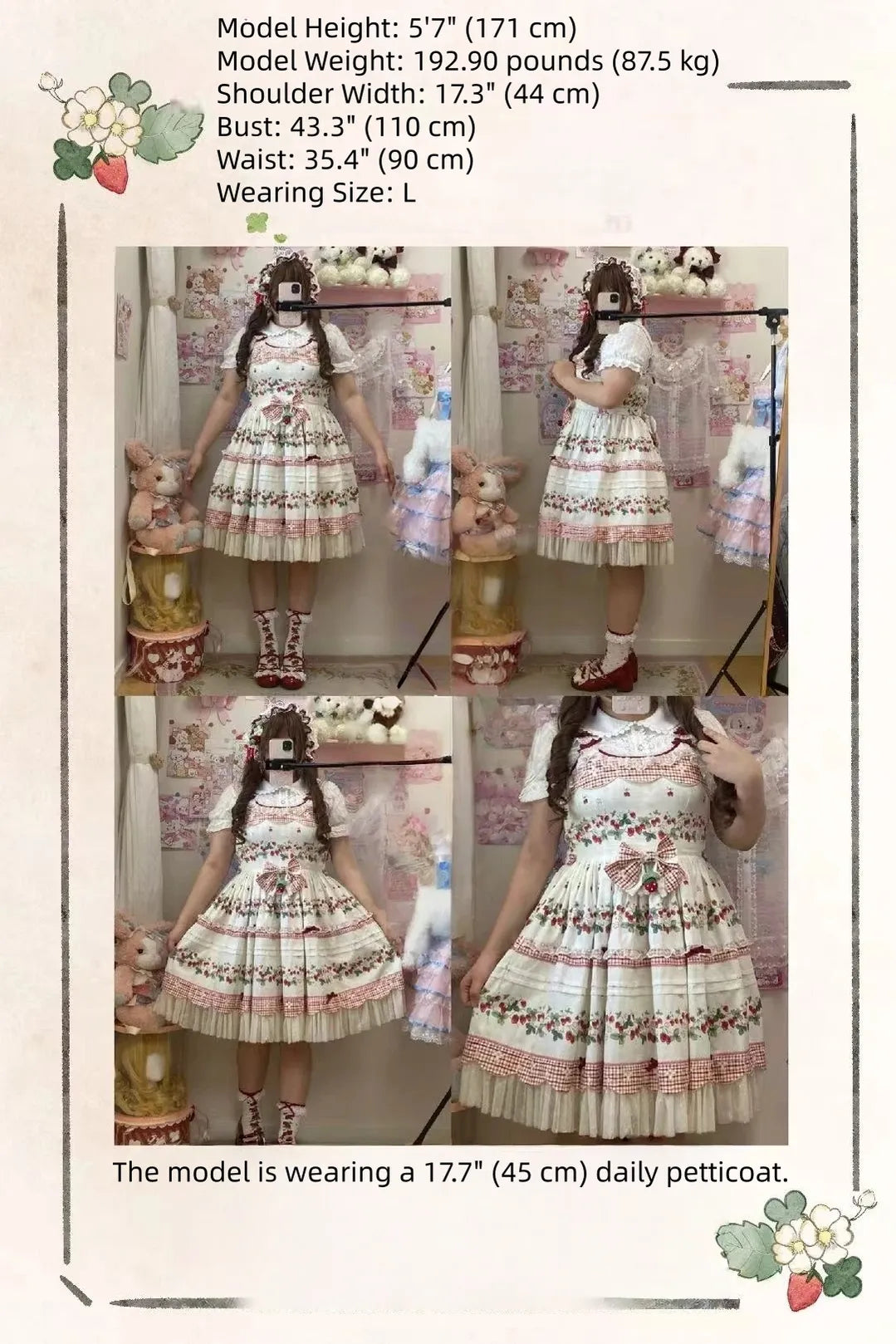 Cranberry and Lucky Clover - Cotton Sweet Lolita JSK Dress, Strawberry and Floral Print 45296:846382
