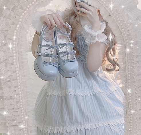 Pure Tea For Dream~Sweet Lolita Platform Pearl Bow Shoes 16296:217888