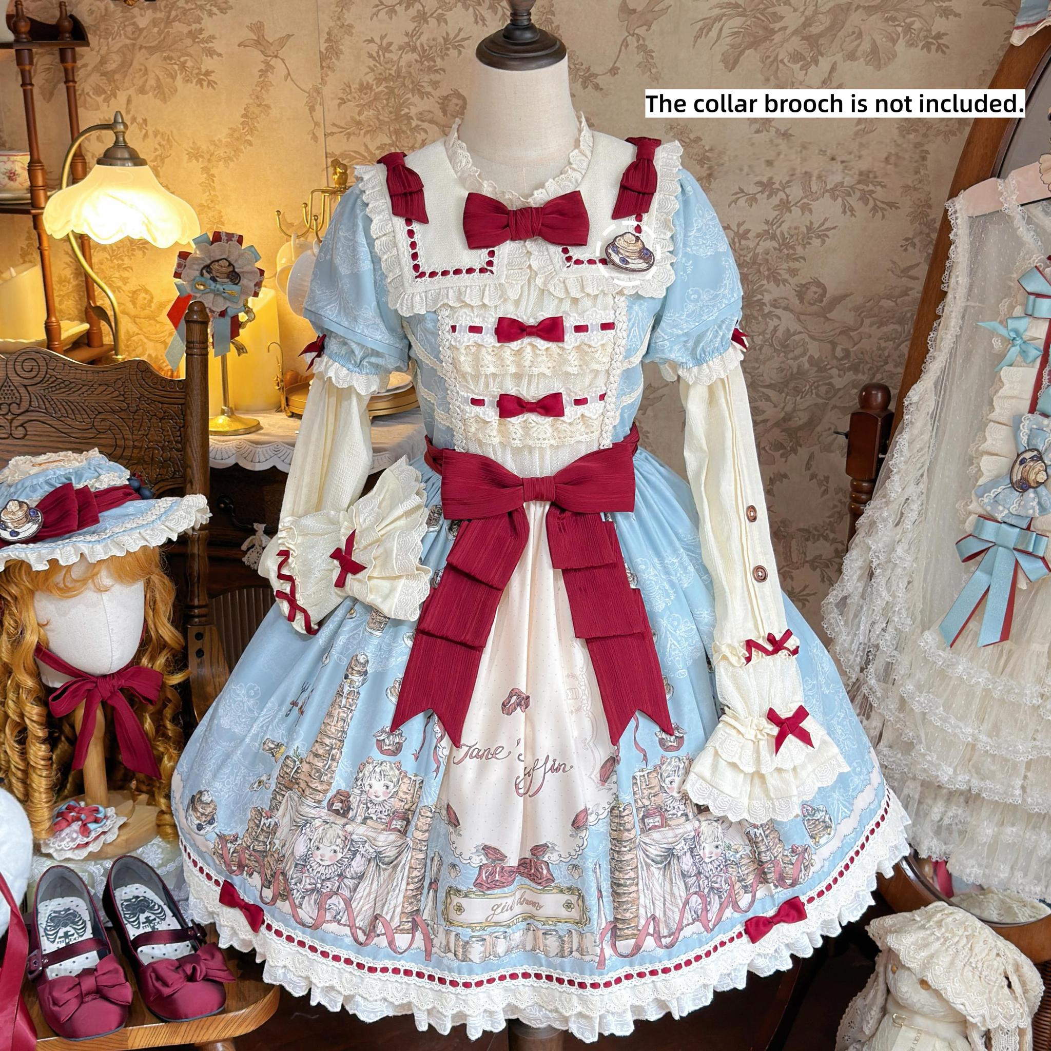 Pancake Postman - Kawaii Lolita Printed OP & Salopette Dress, Lace & Bows (L M S XL) 45174:838707
