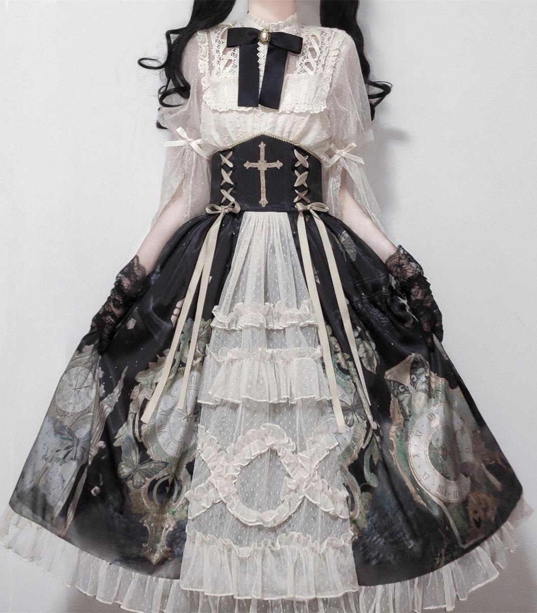 Clock Butterfly - Gothic Lolita Printed Blouse and Corset Skirt Set