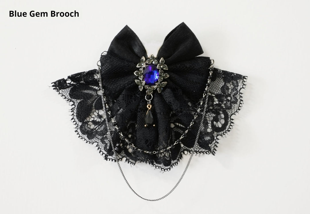 (BFM)Lilizi~Crumbled Gift~Gothic Lolita Shirt Short Sleeve Blouse Neckerchief Brooch XS Blue gemstone brooch 