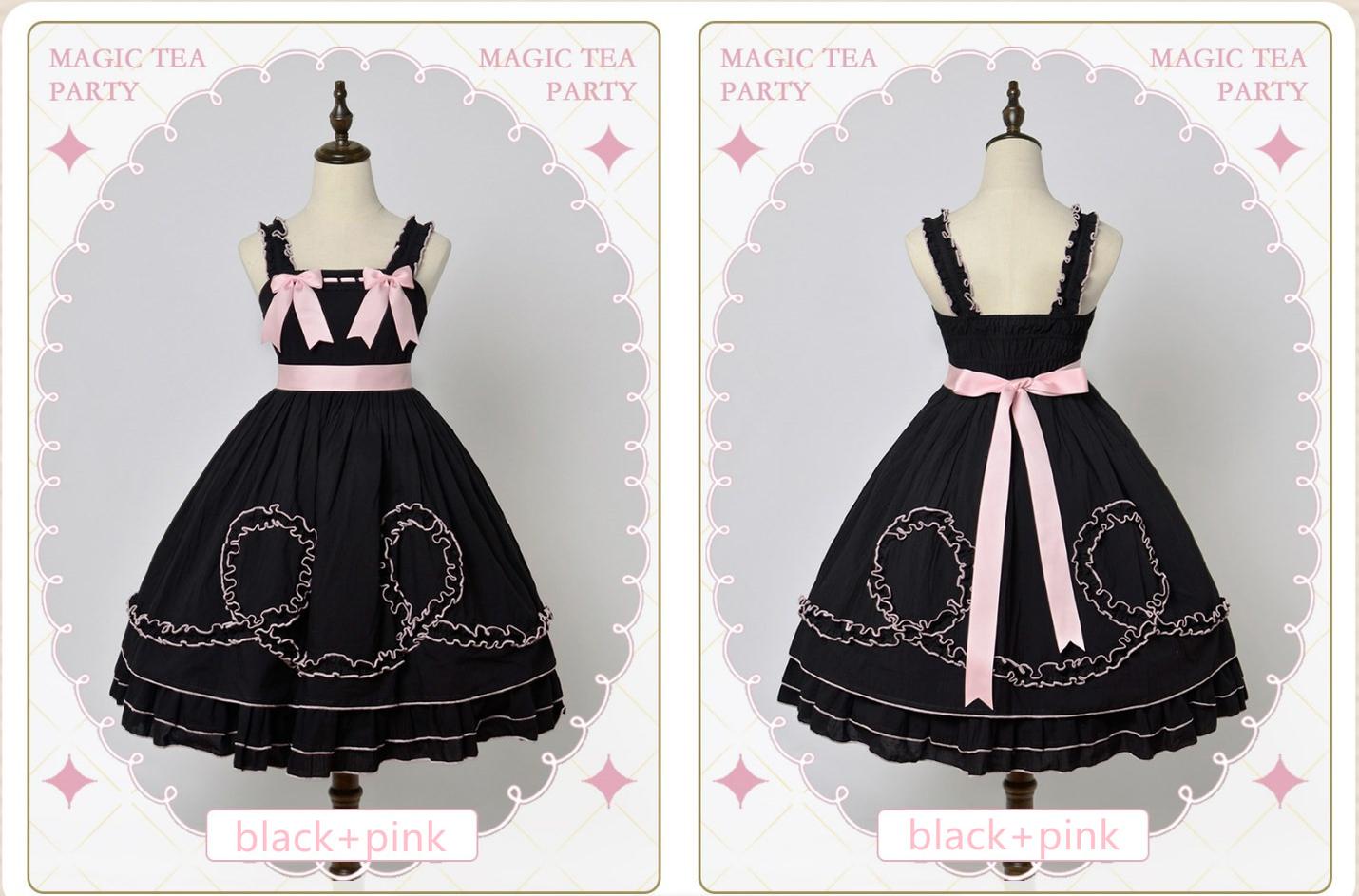 Magic Tea Party - Classic Lolita JSK Dress Solid Color Short Sleeve Dress S black×pink