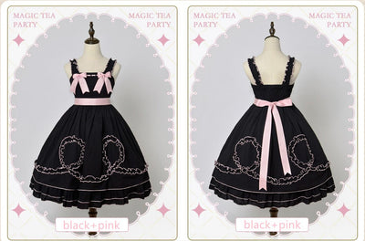 (BFM)Magic Tea Party~Classic Lolita JSK Dress Solid Color Short Sleeve Dress S black×pink 