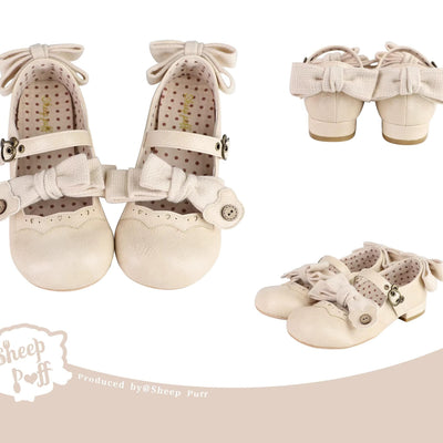 Sheep Puff~Bear Room~Sweet Lolita Shoes Double Bow Round Toe Flat Shoes off-white 34 