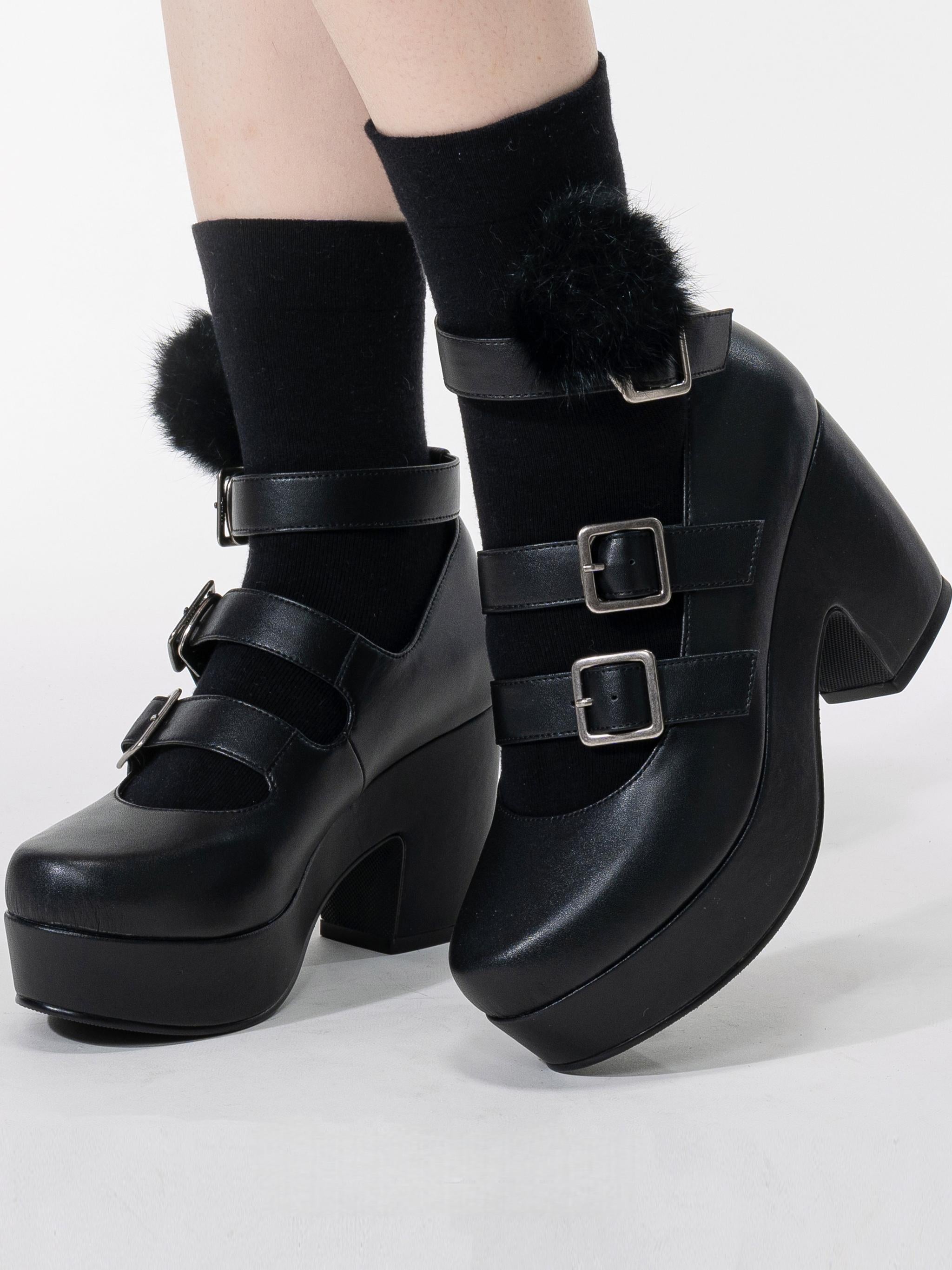 Custom-B - Gothic Lolita Heel Shoes, Triple Buckle Straps Black - Microfiber Version 35