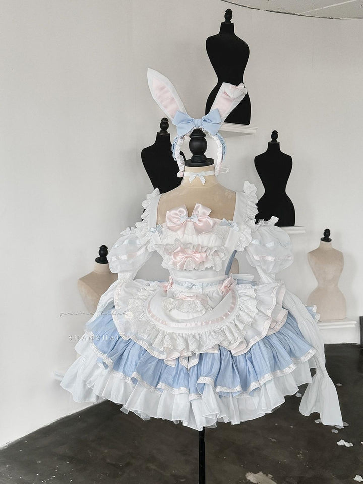 POSHEPOSE~Maid Bunny~Gorgeous Sweet Lolita OP Dress with Detachable Sleeves and Apron