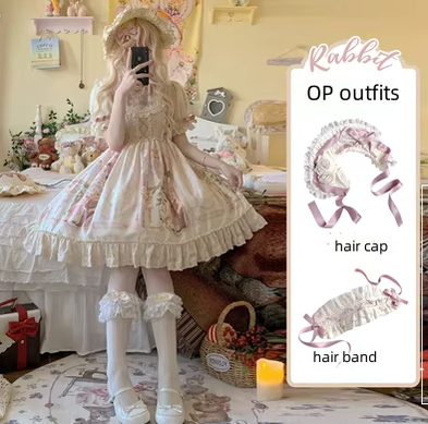 3 Puppets~Rabbit Kingdom~Sweet Lolita JSK and OP Suit S OP+hair cap+hair band 