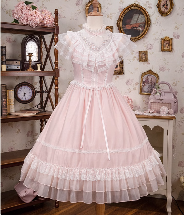 Mademoiselle Pearl Sweet Lolita Pink JSK and Op Dress Set S / Cape Op