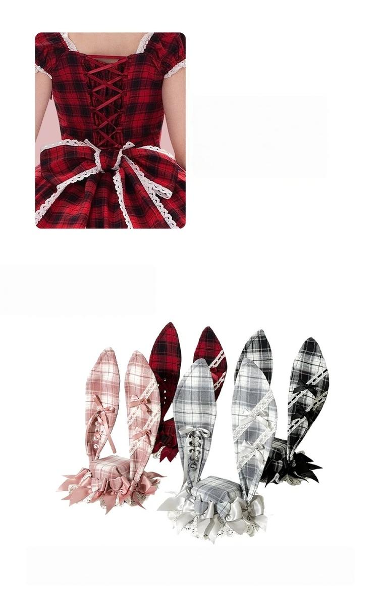 Plaid Lace Bunny - Old School Lolita Plaid OP Dress, Lace Trim 45992:871343