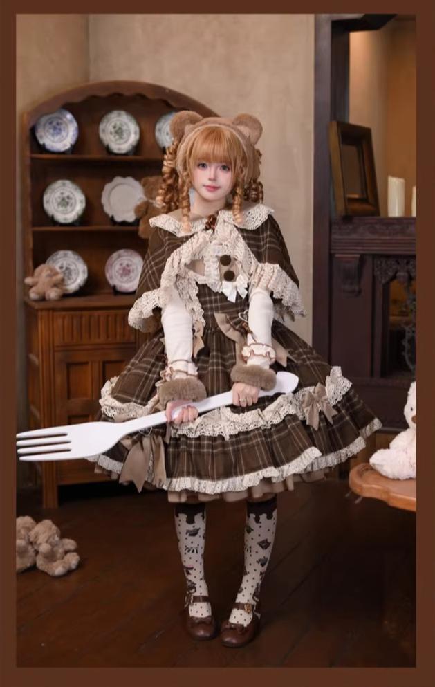 Choco Chestnut - Plaid Kawaii Lolita JSK Dress, Peter Pan Collar Cape 44501:810622