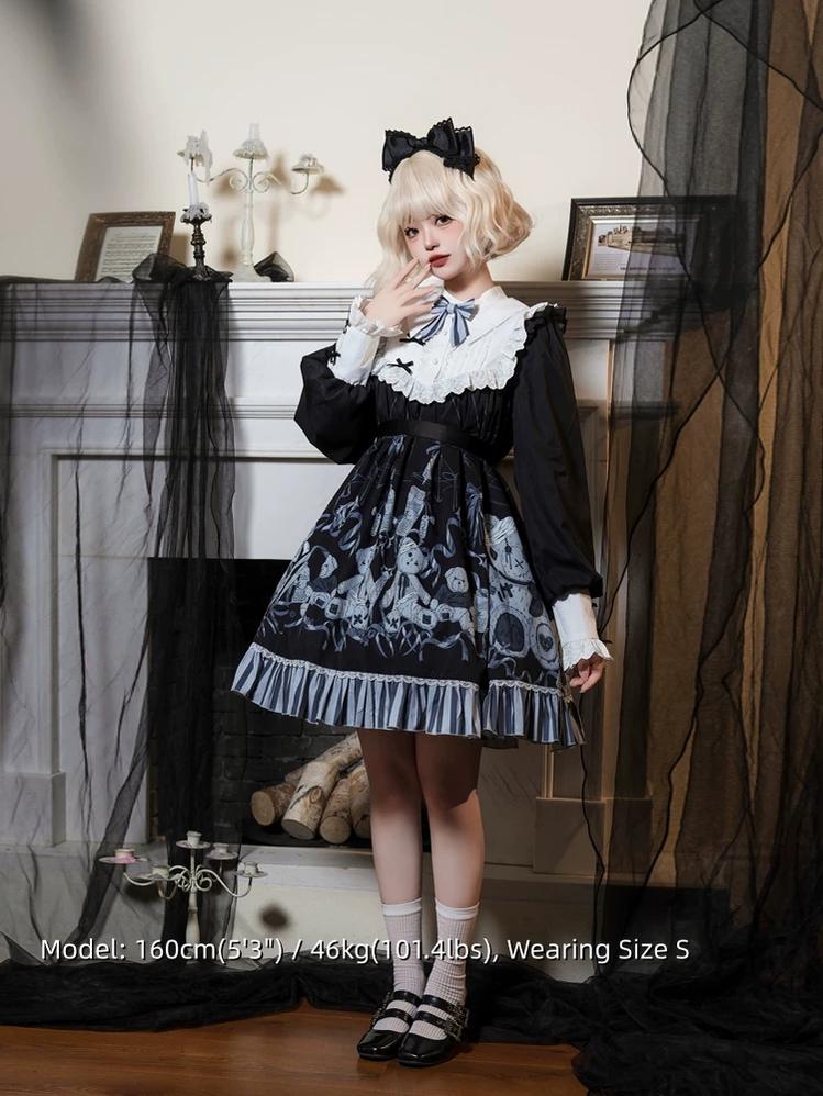 Bandage Bear - Gothic Lolita Long-Sleeve OP Dress, Teddy Bear Print 45908:867391