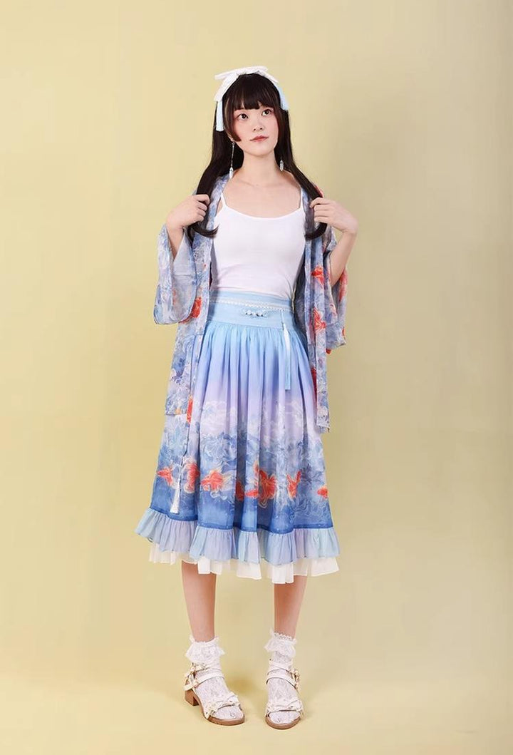 (BFM)EdenLost~Lotus Fish~Wa Style Goldfish Lolita SK Blue Skirt   