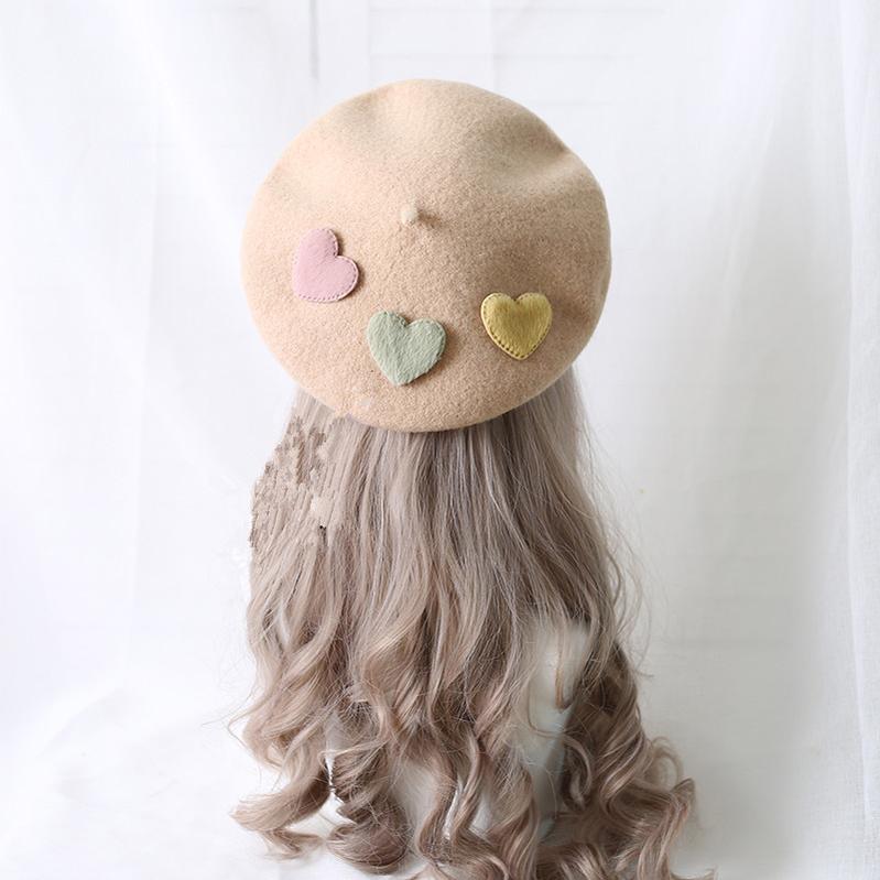 Xiaogui~Sweet Lolita Beret Loving Heart Wool Hat Multicolor M (56-58 cm) beige (with 3pcs loving heart) beret 